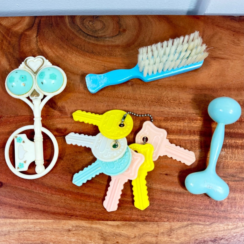 Vintage Baby Toy Lot Rattle Keys Brush Blue Pink Yellow Pastel Nursery Decor